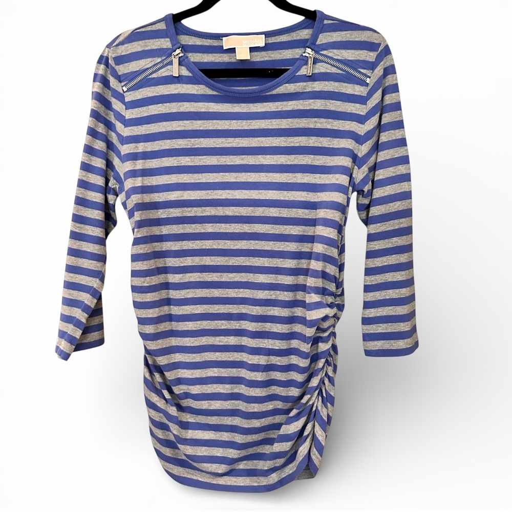 Michael Kors Blue Gray Striped Long Sleeve Zip Shoulder Top Size L